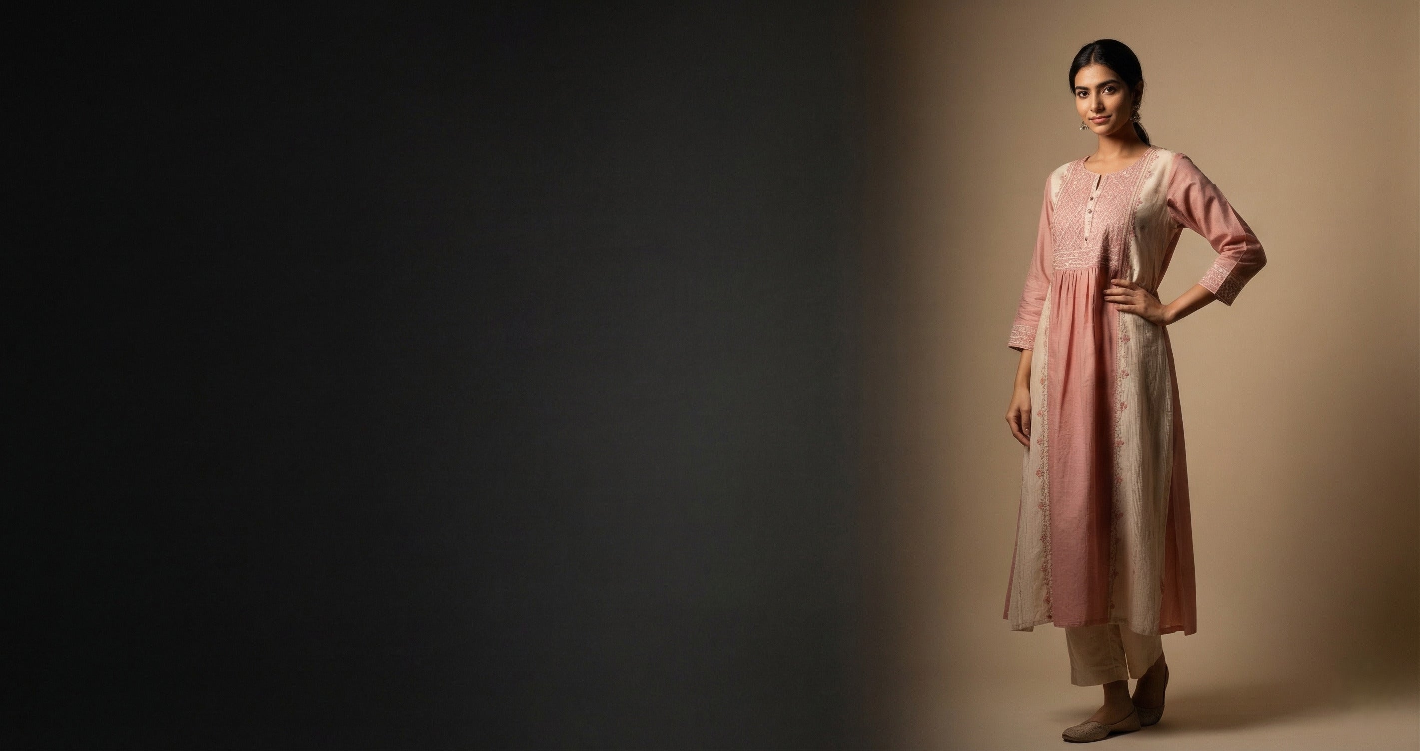 Indian woman in elegant pink kurta salwar, Delmaa Collections premium everyday wear